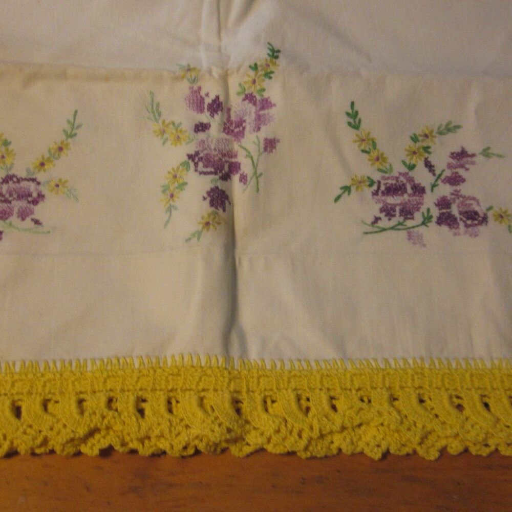 cottage core vintage pillowcase embroidered violet yellow crotchet trim 20x32